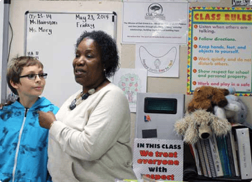 Engaging teacher and student discussion in a classroom setting at Oak Grove Center.