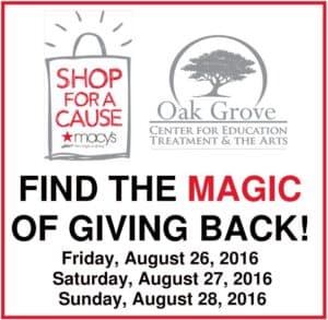 Oak Grove Center for Education, Treatment & the Arts logo with event details.