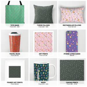 An assortment of tote bags, throw pillows, travel mugs, art prints, iPhone & iPod cases, framed art.