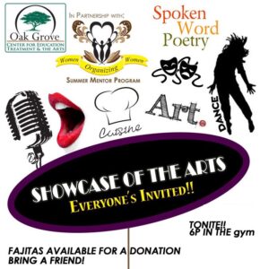 Showcase of arts event with dance, art, spoken word, poetry, and cuisine activities.